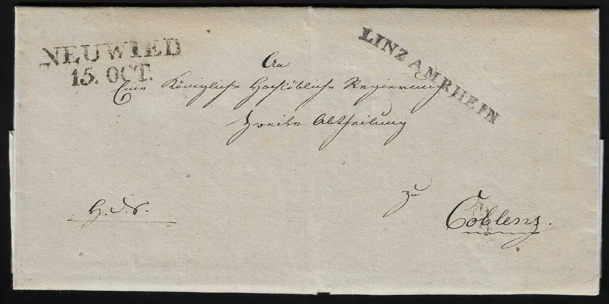 "Linz am Rhein", 1817, 15.10., L1 avec L2 "Neuwied" net sur lettre de luxe pour Coblenz