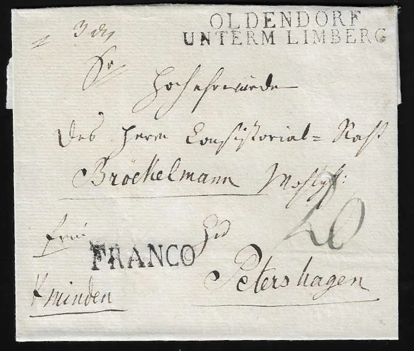 "Preuss. Oldendorf", chaque L2 préphilatélique "OLDENDORF UNTERM LIMBERG" sur quatre lettres, dont 1820 avec L2 "Minden" et L1 "Franco", Feuser 800,-