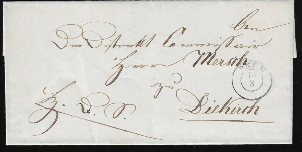 "Prüm", 1849, K2 sur lettre pour Diekirch/Luxembourg