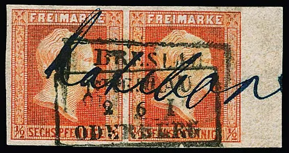 "Ratibor", dépôt manuscrit de la poste ferroviaire et combinaison inhabituelle de cachet de train Ra3 "Breslau-Oderberg" sur paire de cabinet 1/2 Sgr. rouge-orange avec large marge de feuille droite