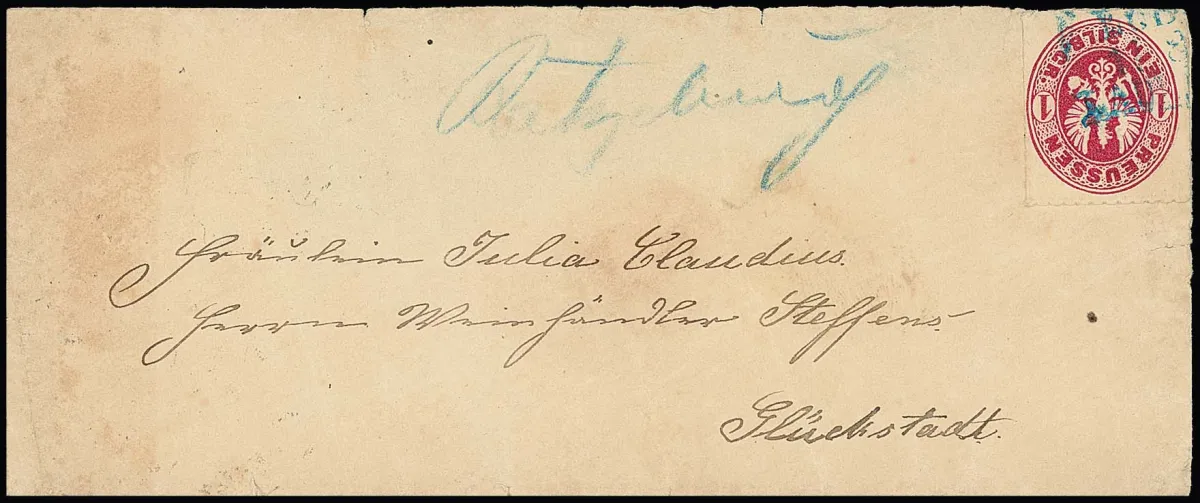 "Ratzeburg", rare dépôt manuscrit de la poste ferroviaire et empreinte partielle du cachet bleu de poste ferroviaire L3 "Lübeck-Lauenburg" comme oblitération (celui-ci complet au verso) sur enveloppe de dame (traces d'usage plus fortes, un rabat manque au verso) avec 1 Sgr., 18.8.1866