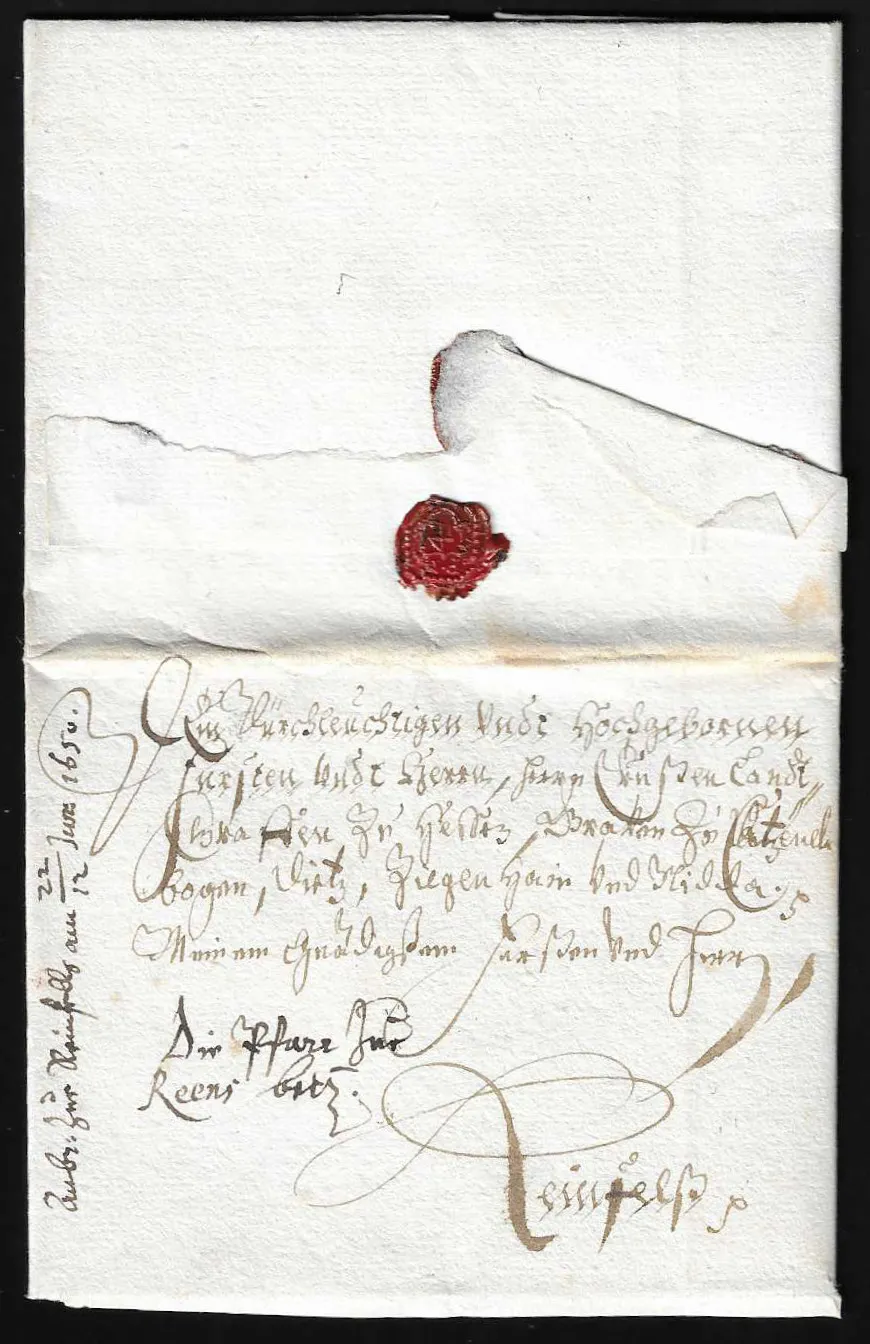"Rens", 1583, lettre ornée de fioritures pour Rheinfels