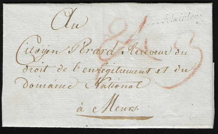 "Rheinberg", ca. 1797/1798, "DE RHEINBERG", L1 en gothique ou cursive, un peu pâle sur deux lettres (dont une enveloppe incomplète au verso) vers Geldern et Moers