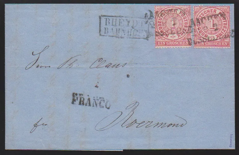 "Rheydt", grand K2 de nouveau type net sur lettre recommandée superbe (pli central à l'extérieur) avec 3 Sgr., ainsi que sur lettre de colis avec 6 Pfge. orange-rouge et paire 3 Sgr. brun terre (n° 18b), ainsi que Ra2 sur entier 1 Sgr. (petit défaut d'ouverture) avec 1 et 3 Sgr. vers Berlin, ainsi qu'une lettre NS et cinq autres documents dont 2 et 3 Sgr. vers la Suisse