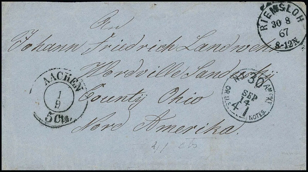 "Riemsloh", rare nouveau K1 prussien gothique du 30.8.67 (ancien territoire de Hanovre) sur enveloppe d'outre-mer vers Sandusky/Ohio (USA), avec cachet de taxe via Aachen