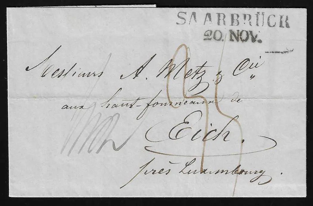 "Saarbrück", 1844/46/49, L1, K2 et L2 sur trois lettres respectivement vers Luxembourg (Eich et Berbourg)