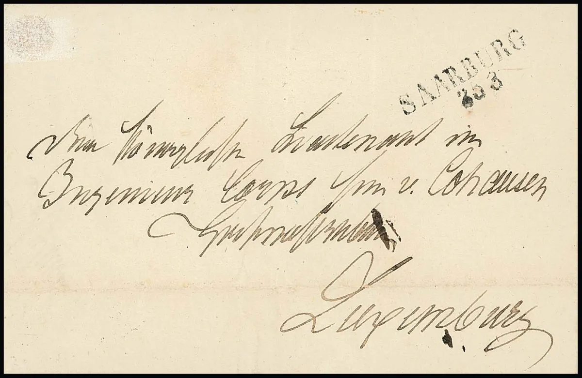 "Saarburg", (1850), L2 clair sur petite lettre (pli) au lieutenant von Cohausen du corps des ingénieurs de la forteresse fédérale de Luxembourg
