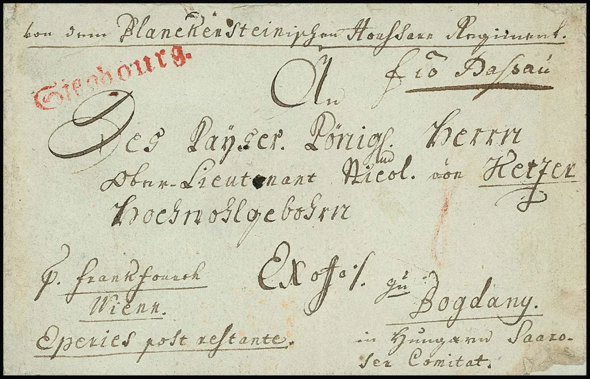 "Siegburg", (1790), premier L1 rouge en fraktur "Siegbourg" sur lettre de poste militaire rare du régiment de hussards de Blankenstein via Francfort, Vienne et Epiries vers Bogdany/Hongrie. Lettre aux bords un peu cassés