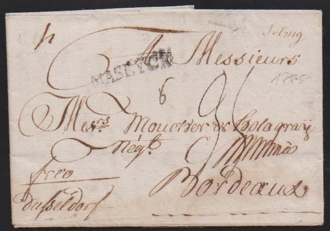 "Solingen", 1785, première mention manuscrite "Soling" sur lettre (contenu de Remscheid) "frco. Dusseldorf" vers Bordeaux