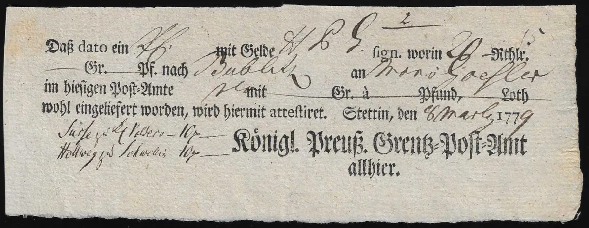"Stettin", 1788/98, deux mandats-poste imprimés locaux différents du "Grenz-Post-Amt"