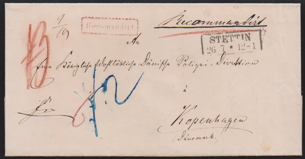 "Stettin", 1860, Ra2 sur lettre étrangère recommandée rare vers Copenhague/Danemark (à la direction de police locale)