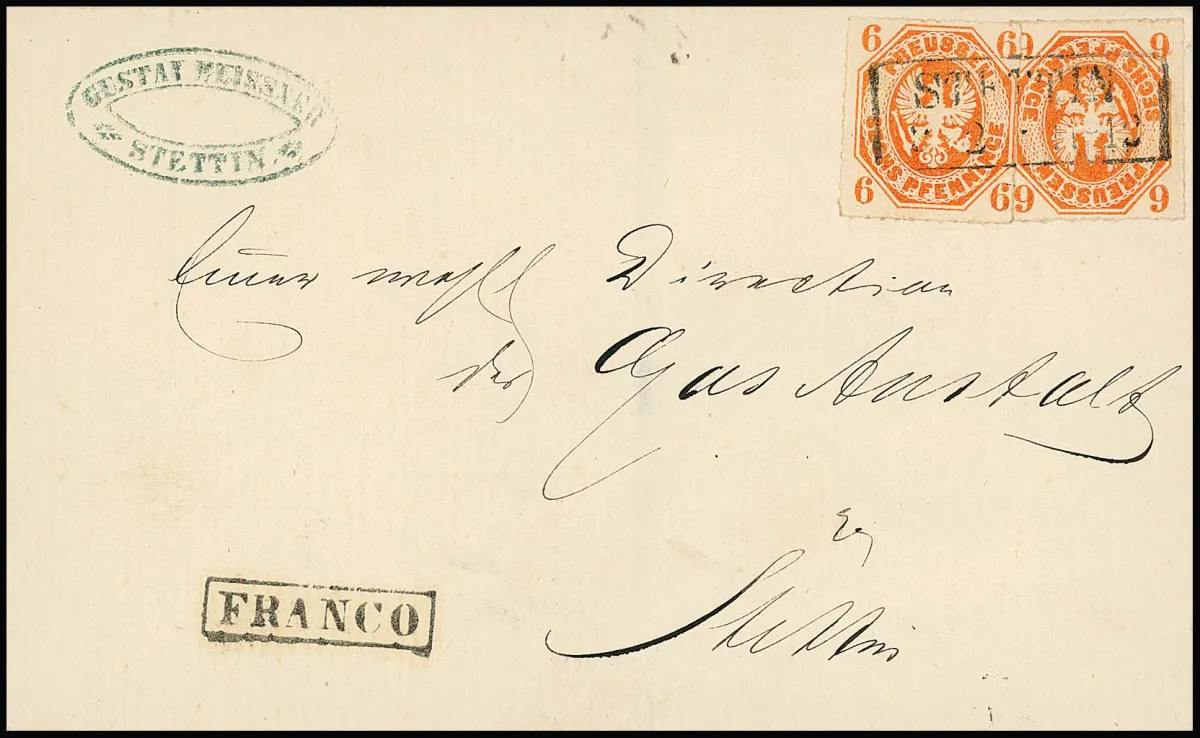 "Stettin", Ra2 comme oblitération de timbre et rare Ra1 "Franco" apposé en plus sur lettre locale de cabinet avec deux fois 6 Pfge. rouge-orange. Le Ra1 Franco sur lettre est…