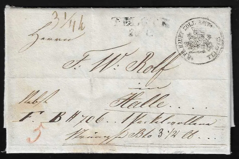 "Telgte", 1832, L2 et cachet de douane du bureau principal sur lettre d'accompagnement de colis pour Halle