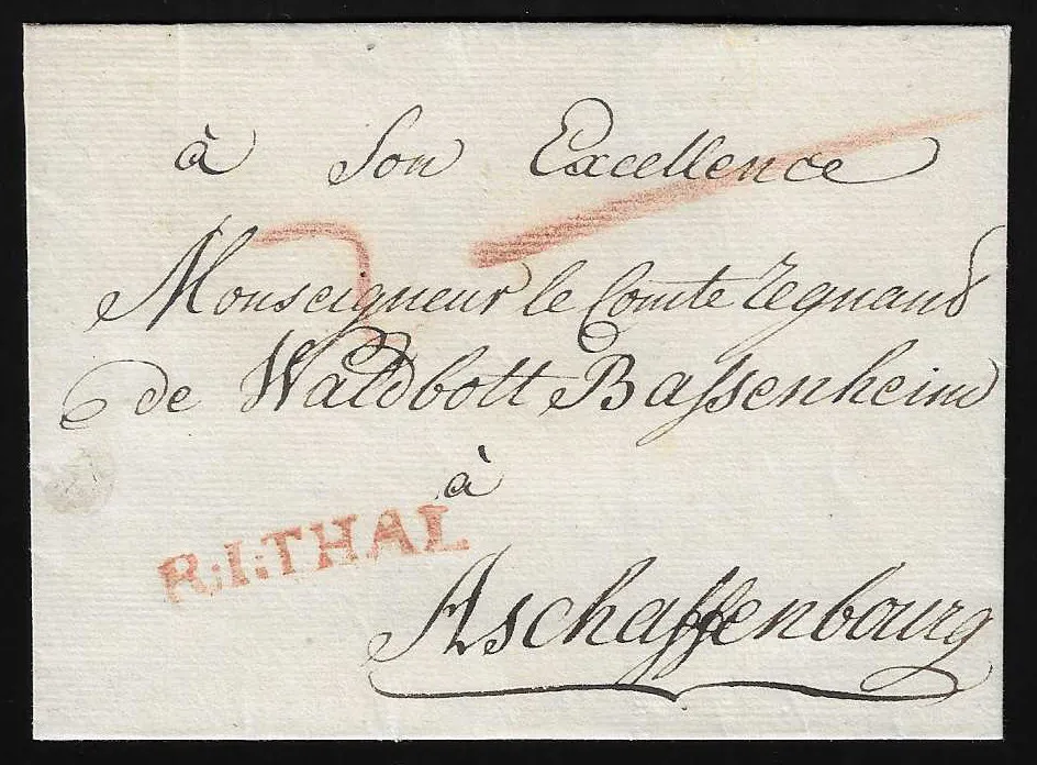 "Thal/Ehrenbreitstein", 1813/(1810), L1 rouge "R:I:THAL" sur lettre chargée décorative avec contenu de Coblence et certificat de réception de 6800 florins