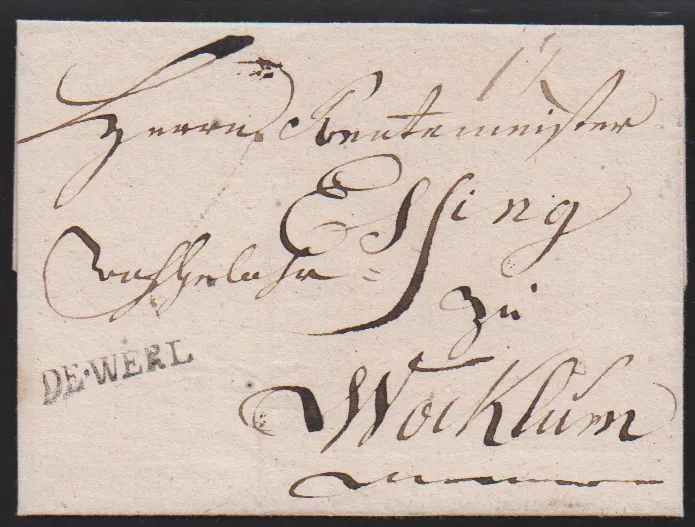 "Werl", (1785), le premier L1 "DE.WERL" net sur lettre pour Wocklum