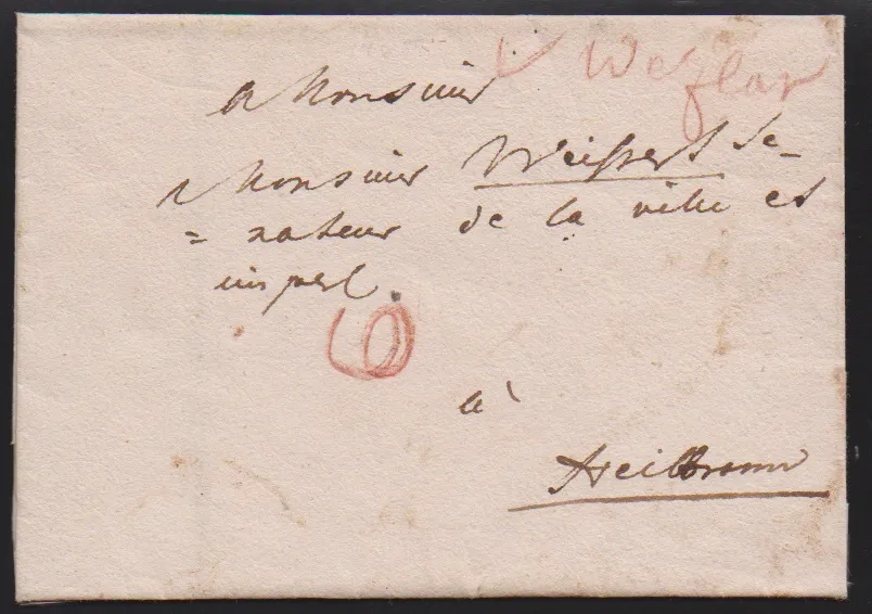 "Wetzlar", ca. 1760-1800, tři dopisy s ručně psanými značkami (jednou červenou křídou "V. Wetzlar"), dále dekorativní šlechtický dopis 1790 s prvním L1 "DE WETSLAR"