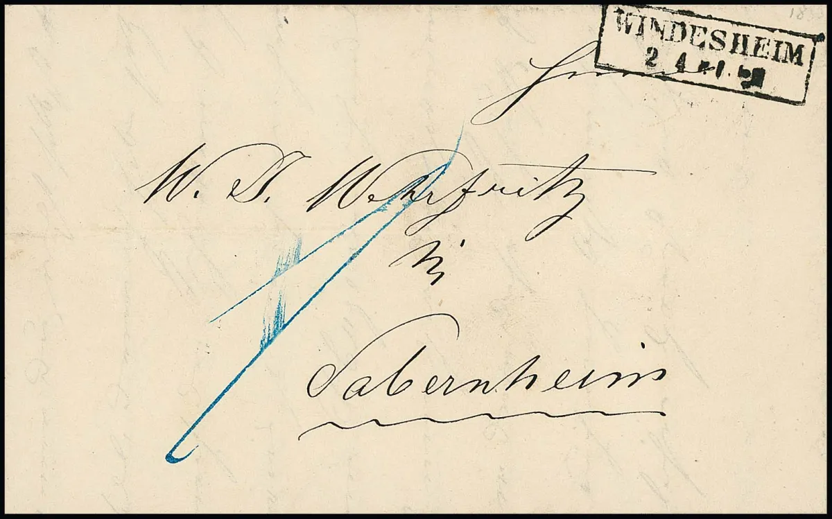 "Windesheim", 1850, 2.4., velmi vzácný předfilatelistický Ra2 na kabinetním dopise do Sobernheimu, sběr dopisů existoval pouze od 1.1.1849 do 1.10.1850