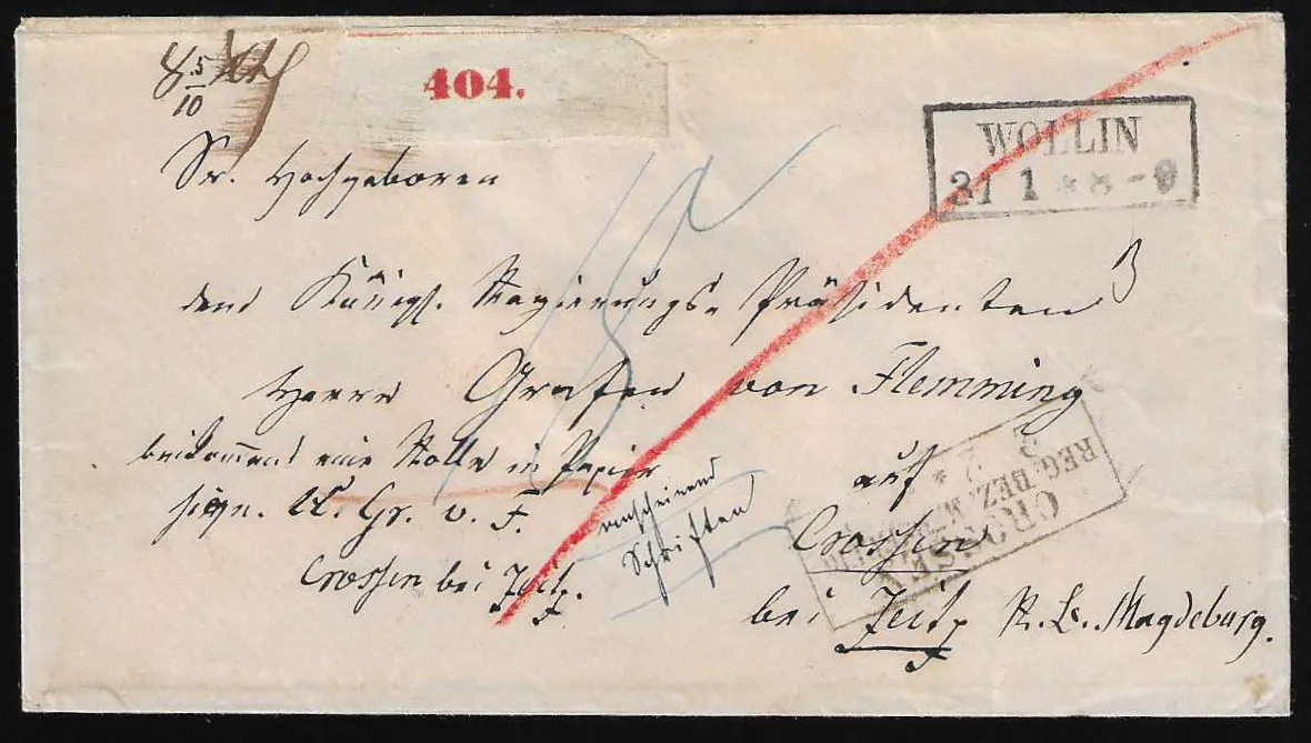 "Wollin", (1860), Ra2 sur enveloppe d'accompagnement de colis noble pour Crossen avec mention ms. "anscheinend Schriften" pour régime de port spécial appliqué