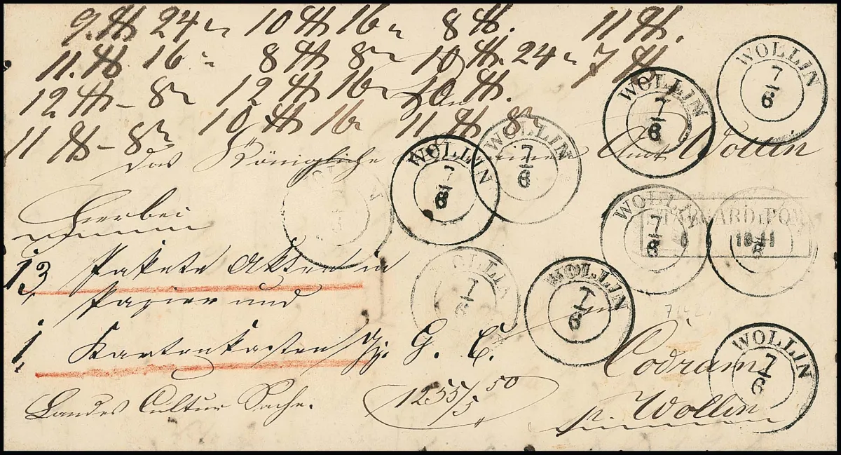 "Wollin", 1850, 12.6., lettre d'accompagnement de colis pour 14 paquets de dossiers vers Codram avec 14 empreintes (!) du K2, ainsi que Ra2 "Stargard i. Pom."