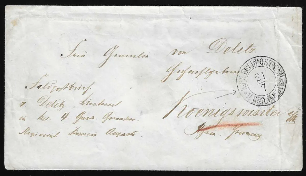 Feldpost, (1866), K2 "Kr. Pr. Feldpost-Exp. II. Grd. Inf. Div." clair sur enveloppe pour Königswinter, rare de cette guerre