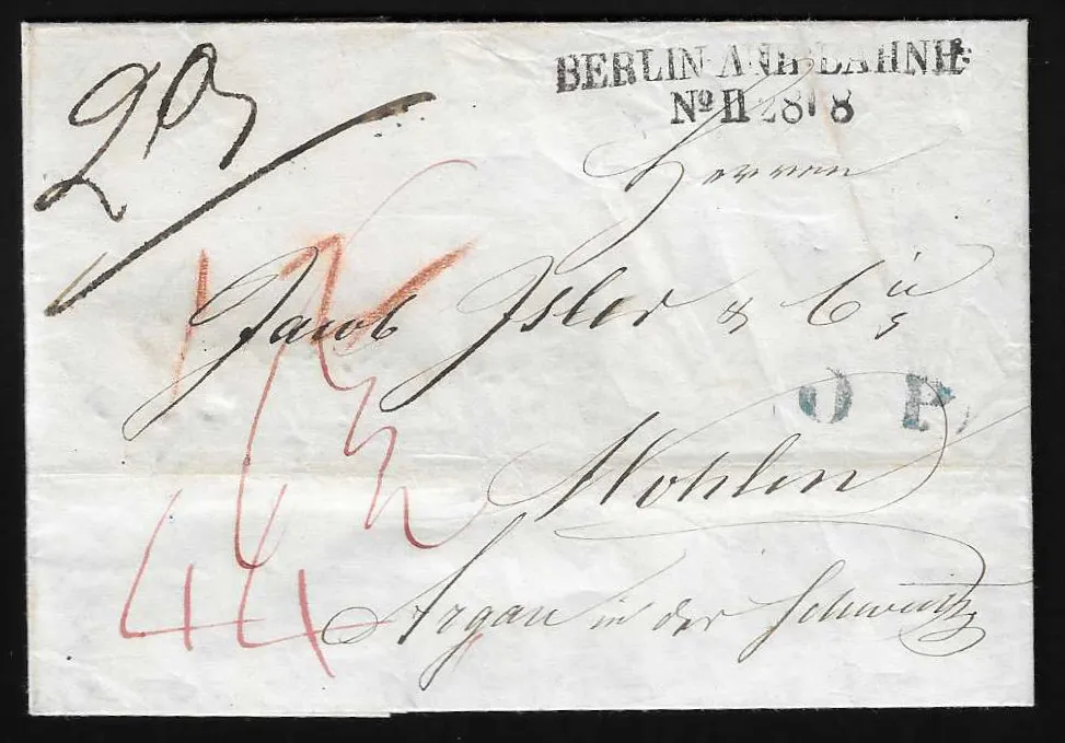 "Berlin Anh. Bahnhof No. II", 1844, L2 avec L1 bleu "O.P." sur petite lettre de cabinet pour Wohlen