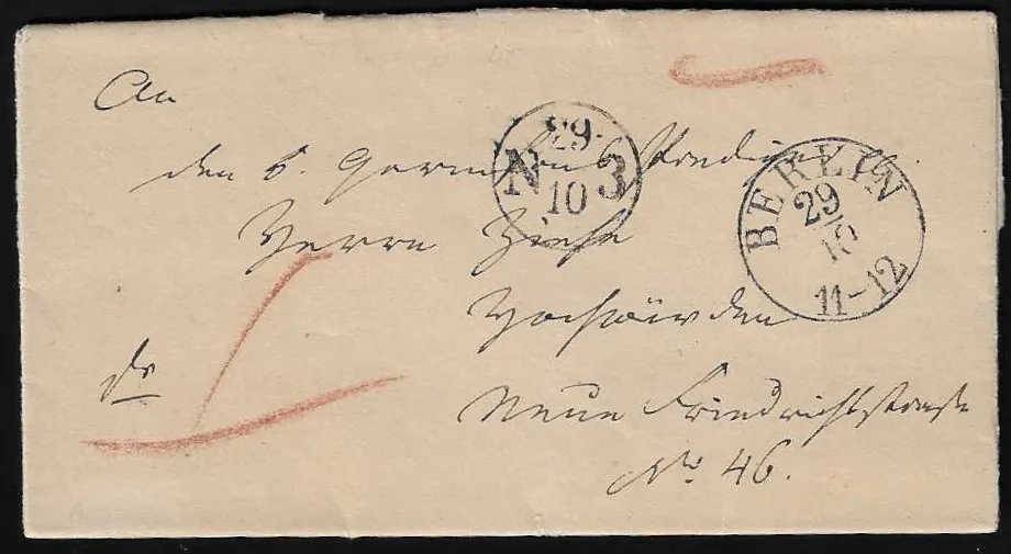 "Berlin", 1840, K1 du bureau de poste de la cour et en plus vs. K1 de distribution sur petite lettre locale (faire-part de naissance imprimé du major von Carisien, membre de l'état-major prussien)
