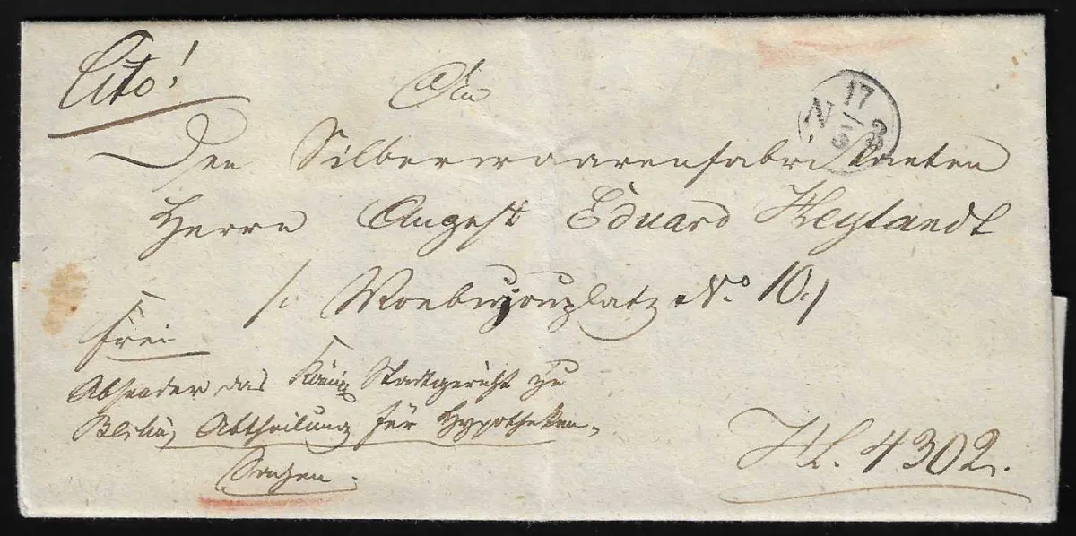 "Berlin", 1843, lettre locale avec oblitération vs. inhabituelle par le petit K1 de distribution "N3" du bureau de poste de la cour, affaire hypothécaire urgente, avec dépôt et distribution simultanée par le même facteur en une seule opération, ex Kruschel