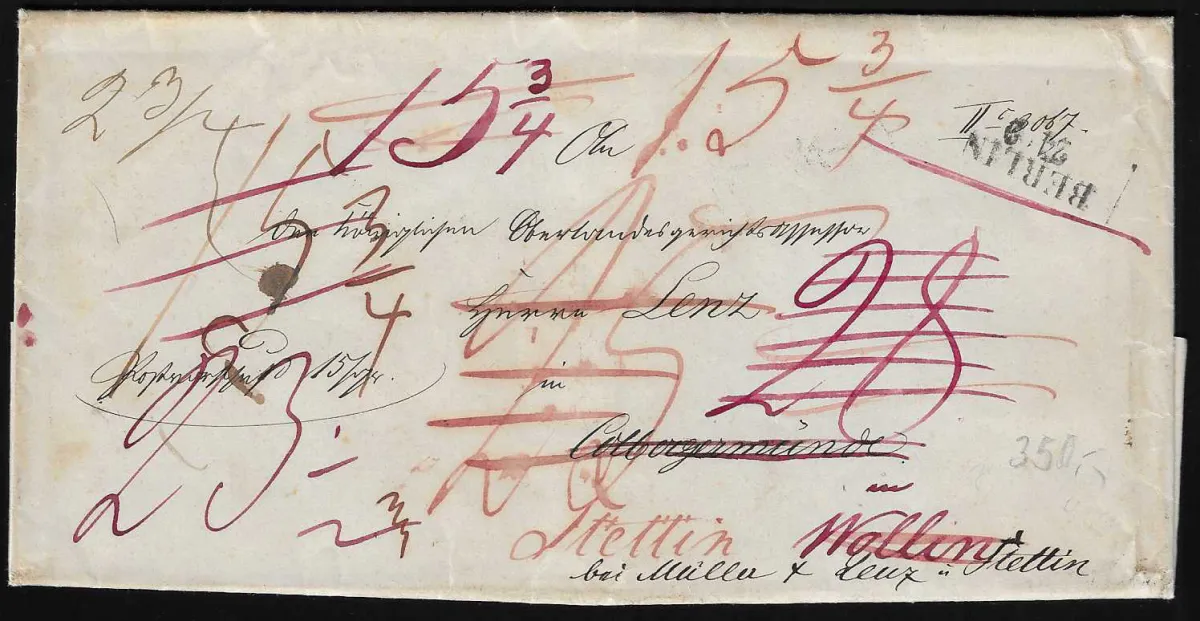 "Berlin", 1846, L2 dvorního poštovního úřadu na poštovní poukázce do Colbergermünde a dále do Wollin a Stettin s mnoha taxami, obsah s vlastnoručním podpisem pruského ministra spravedlnosti