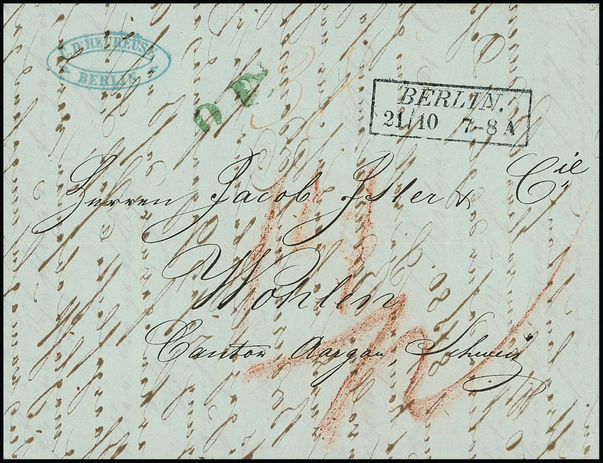 "Berlin", 1847, le Ra2 en écriture oblique utilisé seulement brièvement cette année-là, ici du 21.10.47, sur lettre pour l'étranger vers Wohlen/Suisse