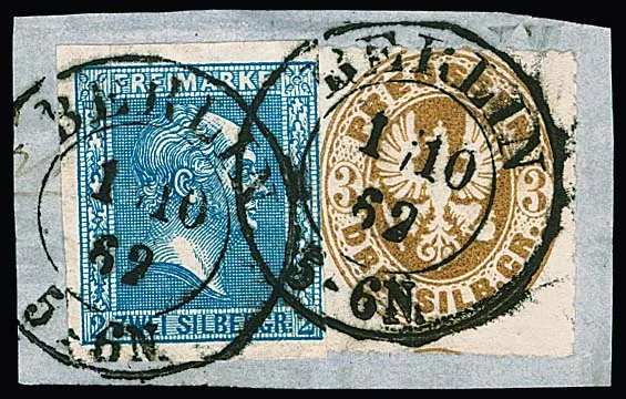 "Berlin 1.10.62", le K2 avec année clairement sur fragment décoratif avec affranchissement mixte 2 Sgr. bleu et armoiries 3 Sgr., d'après la lettre datée du 22.9.62 la deuxième plus ancienne date enregistrée du premier K2 avec année, ex coll. Kruschel