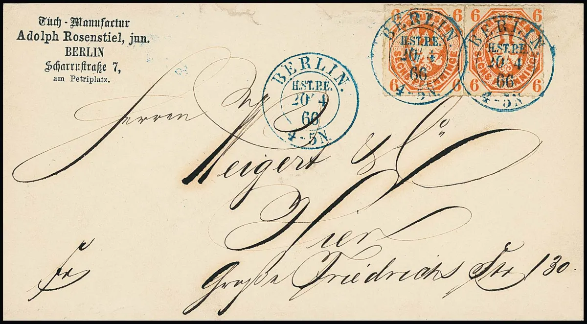 "Berlin H.ST.P.E.", K2 bleu clair sur lettre locale avec en-tête d'expéditeur imprimé d'une fabrique de drap avec deux fois 6 Pfge. rouge-orange, signé Kruschel