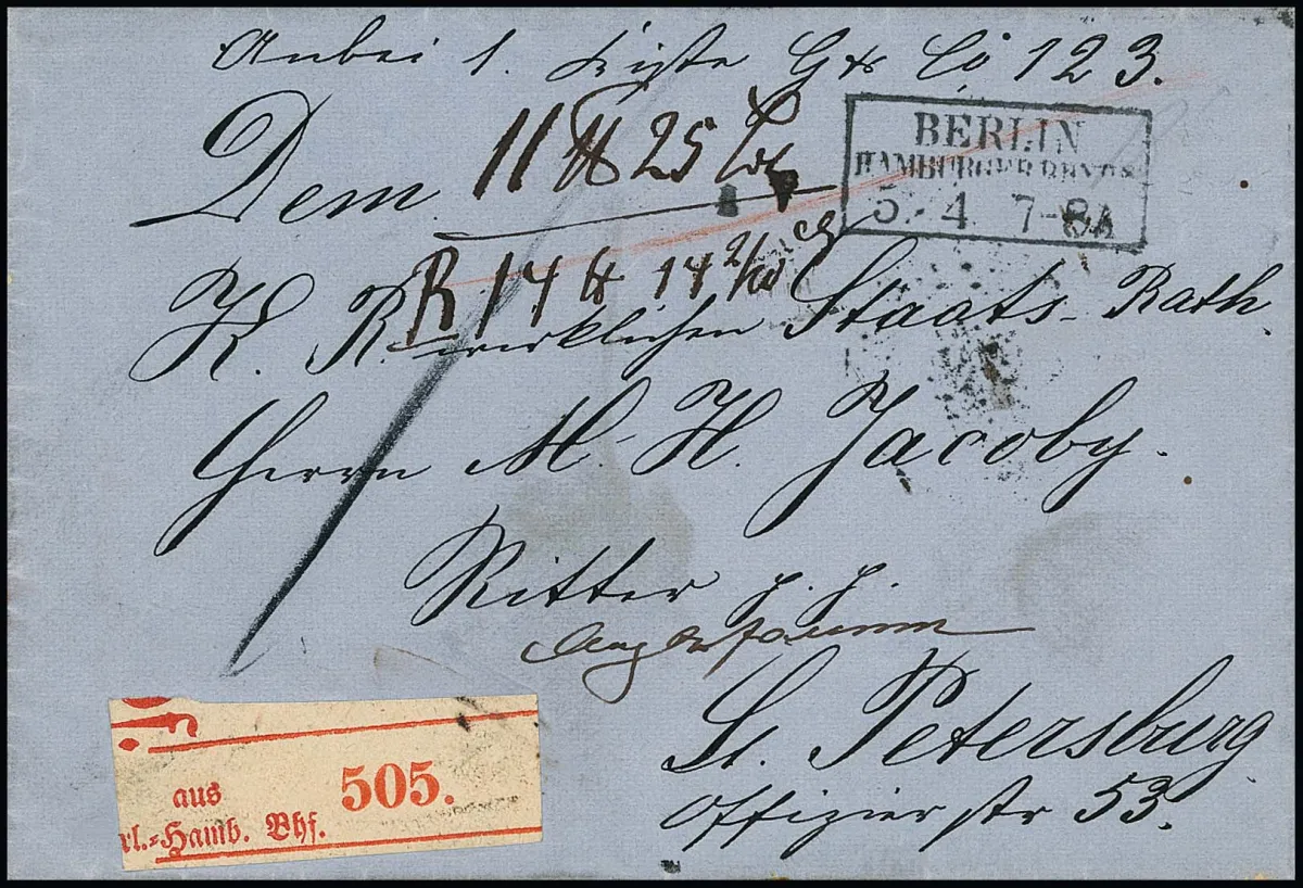 "Berlin Hamburger Bahnh.", 1861, Ra3 sur lettre d'accompagnement de colis étranger rare (étiquette de colis rouge) adressée au conseiller d'État et chevalier Jacoby à St.…
