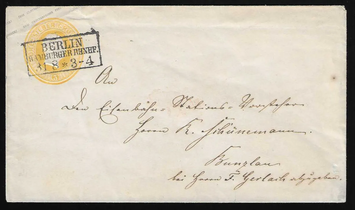 "Berlin Hamburger Bahnhof", Ra3 en type étroit (KHBW 111) nettement sur entier postal de choix 3 Sgr. jaune