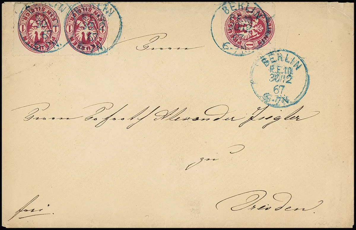 "Berlin P.E. 10", de groteske K1 pas eind 1867 ingevoerd (vanaf 24.11.67, hier van 30.12.67) duidelijk op envelop (gebruikte staat) met driemaal 1 Sgr.,…