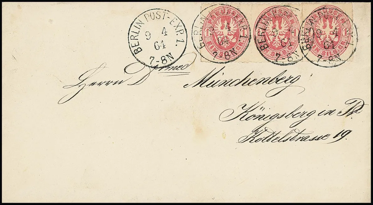 "Berlin Post-Exp. 1", de groteske K1 minder dan een jaar gebruikt duidelijk 1864 op prachtige envelop met strook van drie 1 Sgr.