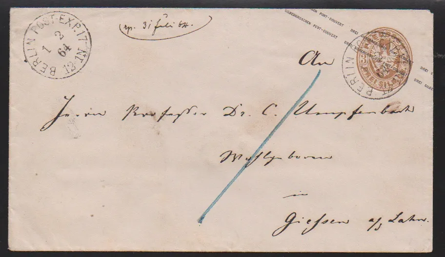 "Berlin Post-Exp. 17", Grotesk-K1 z 1.2.1864 jasně na znakové celině 3 Sgr., Kruschel + 700,- DM