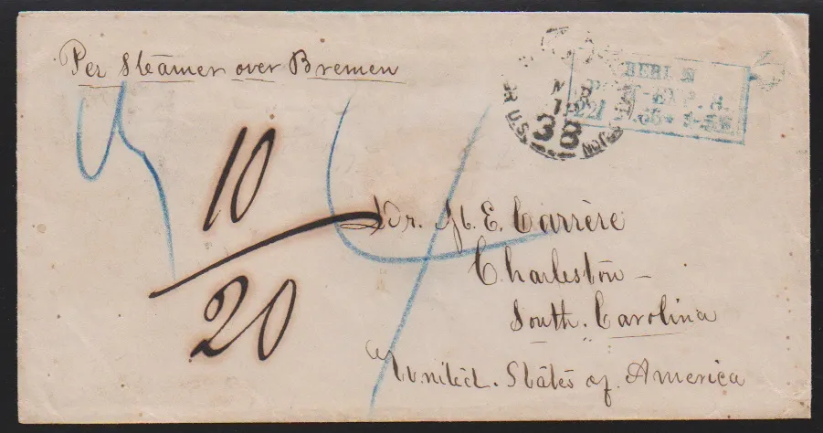 "Berlin Post-Exp. 8", modrý Ra3 1865 na zámořském obalu přes Brémy (ručně psaná taxa "10/20") do Charleston/South Carolina, USA