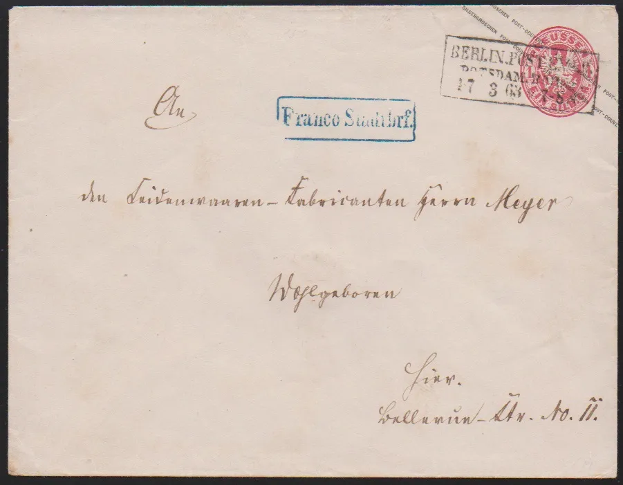 "Berlin Post-Exp. 9 Potsdam. Bahnhof", Ra3 in ongewone combinatie met blauwe Ra1 "Franco Stadtbrf." op grootformaat 1 Sgr. roze postwaardestuk, als lokale brief…