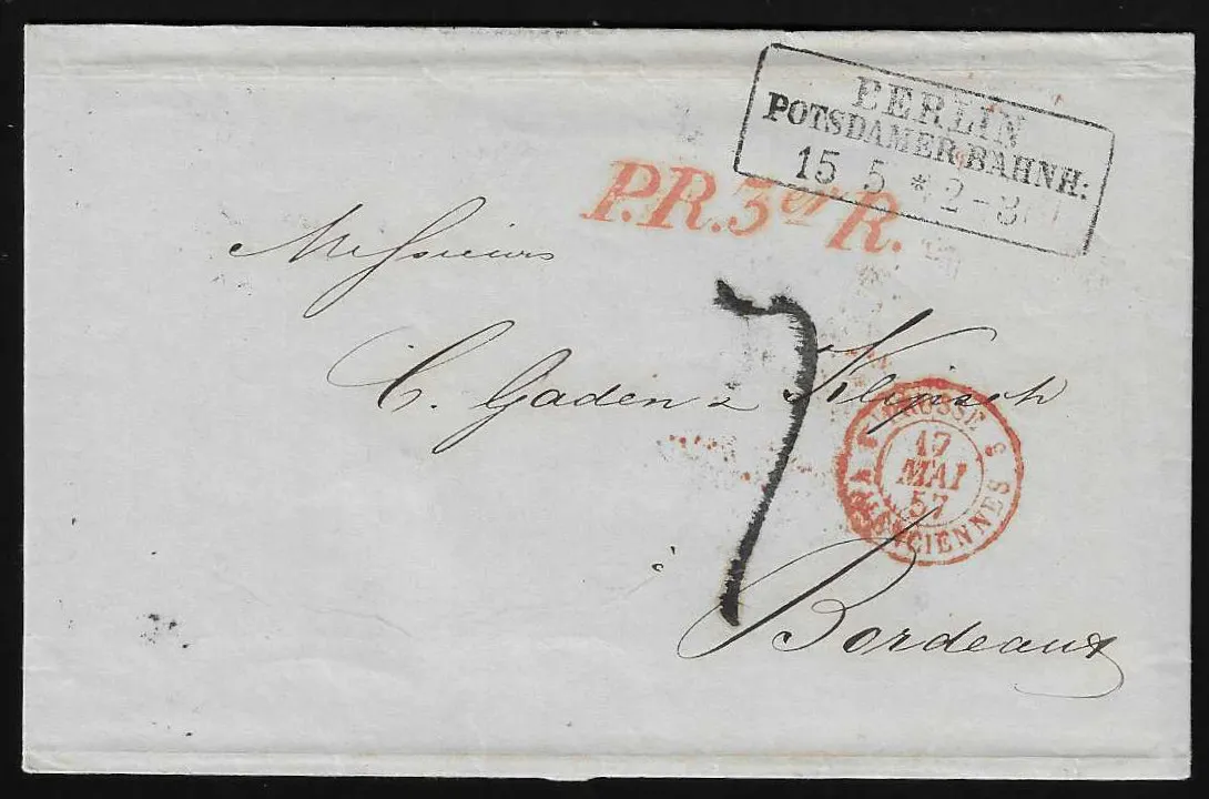 "Berlin Potsdamer Bahnh.", 1853/57, Ra3 sur deux lettres avec cachets de transit diff. pour Bordeaux