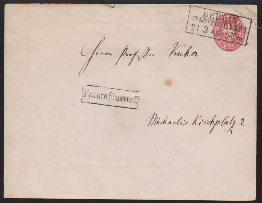"Berlin Stadtpost-Exp. I", Ra3 et Ra1 "Franco Stadtbrf." sur entier postal grand format aux armoiries 1 Sgr. (petits points) circulé comme lettre locale