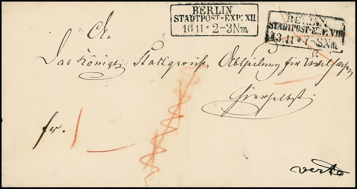 "Berlin Stadtpost-Exp. VIII" of "XII", diverse Ra3 op dubbel verzonden retour lokale brief (1853), keerzijde rode Ra1 "Unbestellbar", taxe "1"