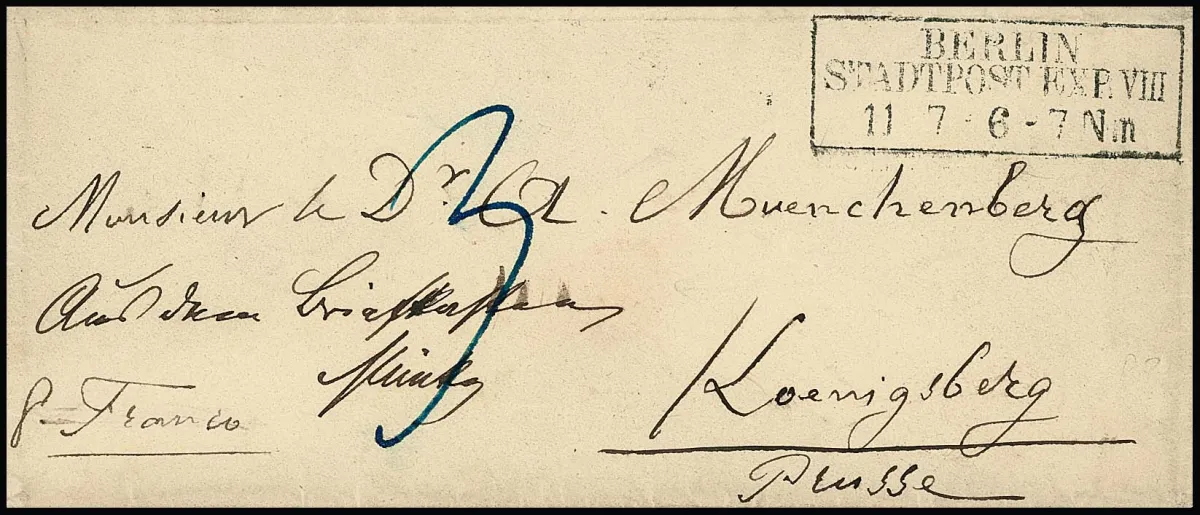 "Berlin Stadtpost-Exp. VIII", Ra3 ve velkém typu (pravděpodobně rezervní razítko) na dámě obálce do Königsbergu (1852), rukou "Aus dem Briefkasten", KHBW č. 140, 600 P.