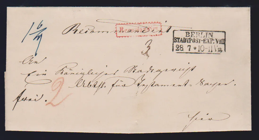 "Berlin Stadtpost-Exp. VIII", (1865), Ra3 sur rare lettre locale recommandée de 2e échelon de poids, le port de "2" Sgr. s'appliquait encore selon Bartaxe