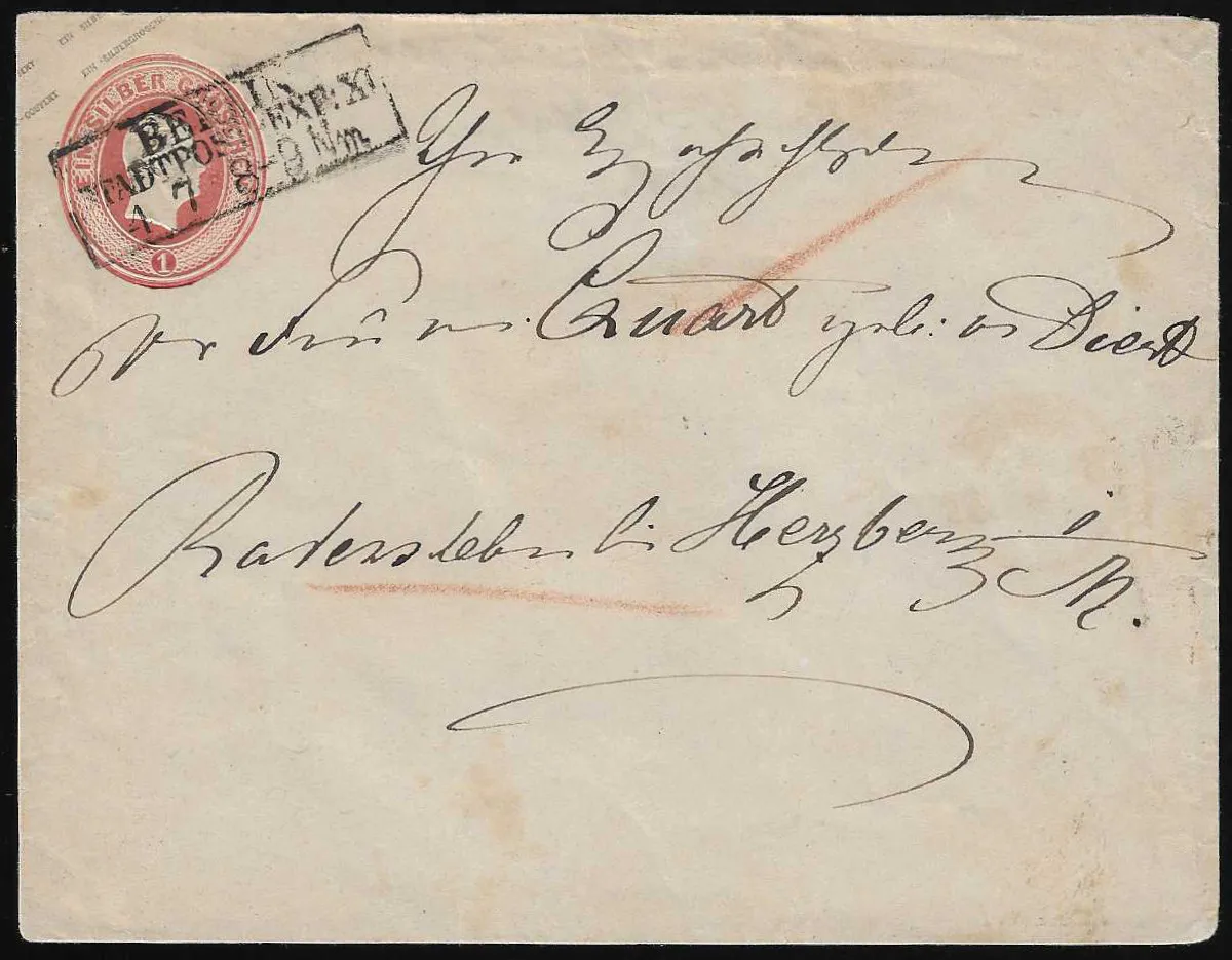 "Berlin Stadtpost-Exp. XI", Ra3 vzácného typu s chybějící středovou hvězdou, nepřiřaditelný KHBW č. 144 ani 145, na celině 1 Sgr. velkého formátu (lehké známky použití), nejprve nesprávně koloval místně (na rubu Berliner Ra1), poté správně do Herzbergu, vše tentýž den, ex sbírka Kuphal