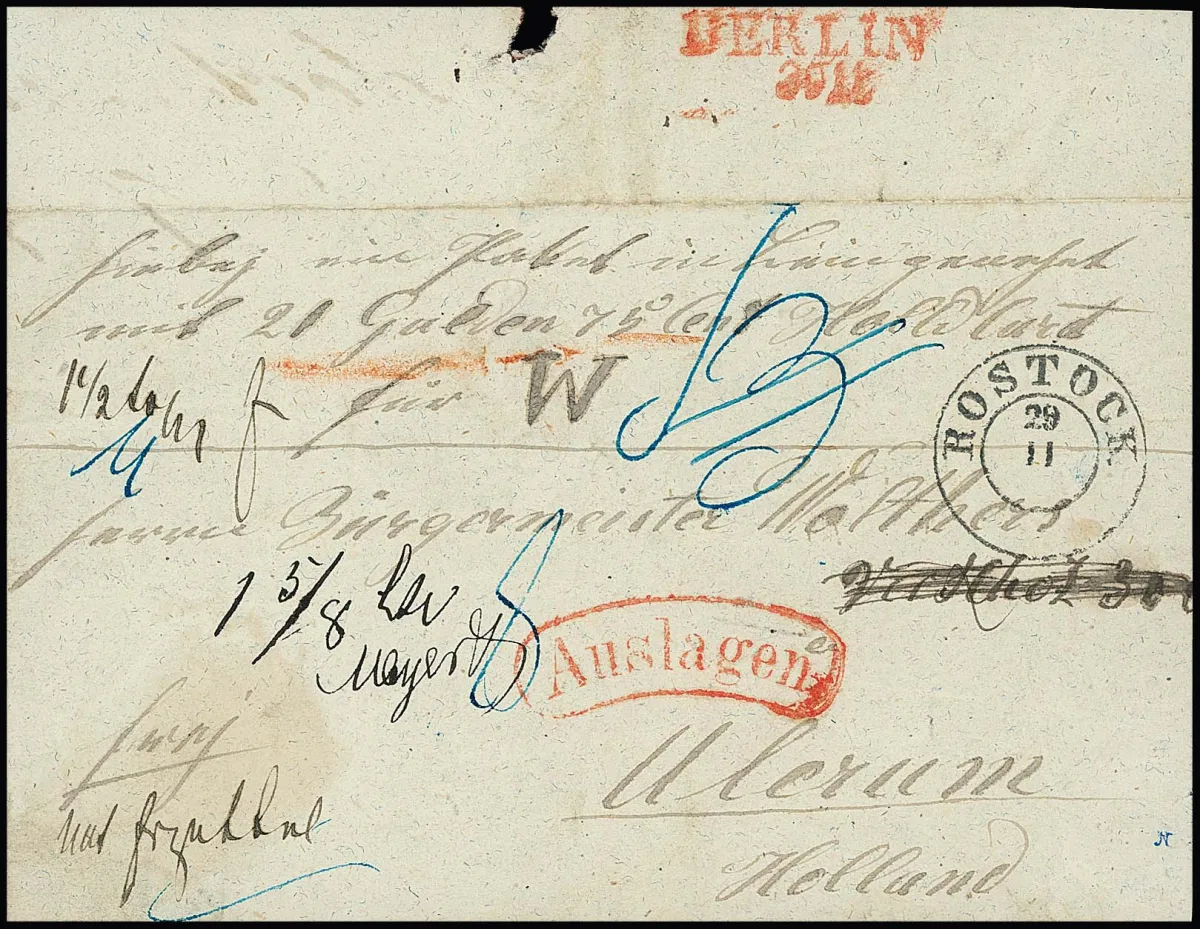 "Berlin", (1852), rare L2 rouge au verso comme cachet de transit sur lettre d'accompagnement de colis de dépenses étrangères avec K2 "Rostock" via Berlin vers la Hollande, ex Kruschel