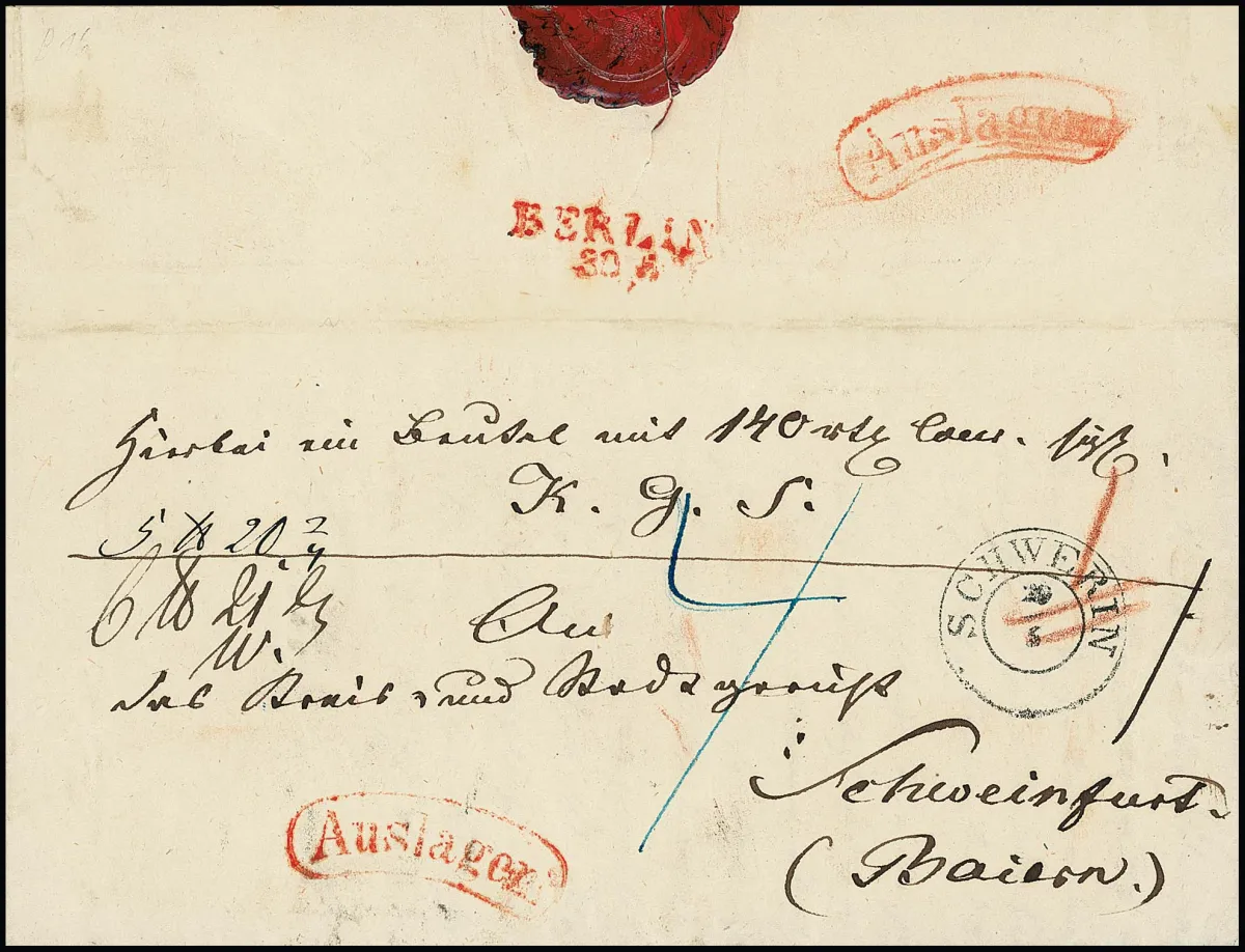 "Berlin", 1852, L2 rouge au verso sur lettre d'accompagnement de colis "dépenses" avec K2 "Schwerin" via Berlin vers Schweinfurt/Bavière, ex Kruschel