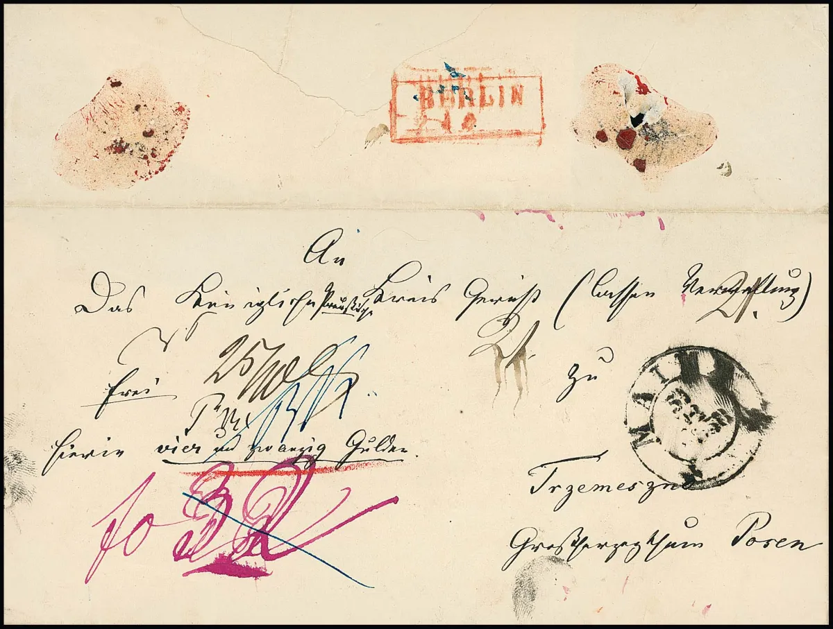 "Berlin", 2.1.1859, Ra2 rouge sans indication d'heure clairement au verso sur lettre de valeur avec K2 "Mainz" via Berlin vers Posen, ex Kruschel