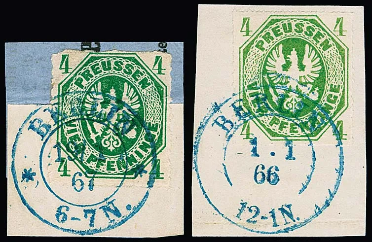 "Berlin", K2 bleu du bureau de poste de la cour, sans étoiles du 1.1.66, ainsi qu'avec étoiles du 19.1.67, sur deux fragments de lettre 4 Pfge. jaune-vert et bleu-vert (ce dernier légère irrégularité) ex coll. Kruschel