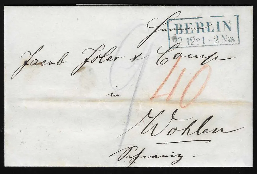 "Berlin", le grand Ra2 bleu du bureau de poste de la cour très tôt du 27.12.62 sur lettre pour l'étranger vers Wohlen/Suisse, ex coll. Kruschel