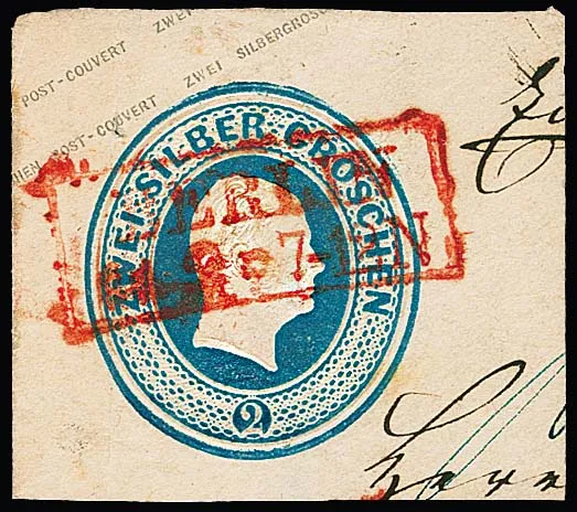"Berlin", rare Ra2 rouge comme oblitération de timbre-valeur sur fragment d'entier postal 2 Sgr. bleu, ex Kruschel